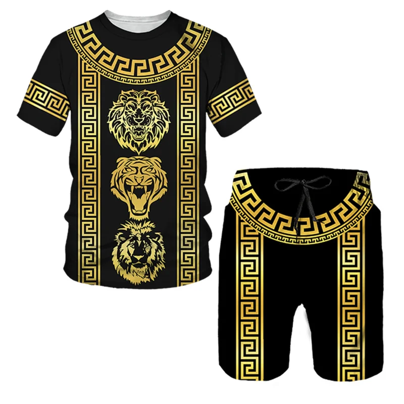 Summer Golden Lion Printed T-shirt/Shorts/Suit Men Casual Graphic O-neck Tops + Pants Set Male Hip Hop Short Sleeved Tracksuit