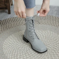 women leather ankle boots women autumn and winter new british style womens square toe thick heel side zipper boots