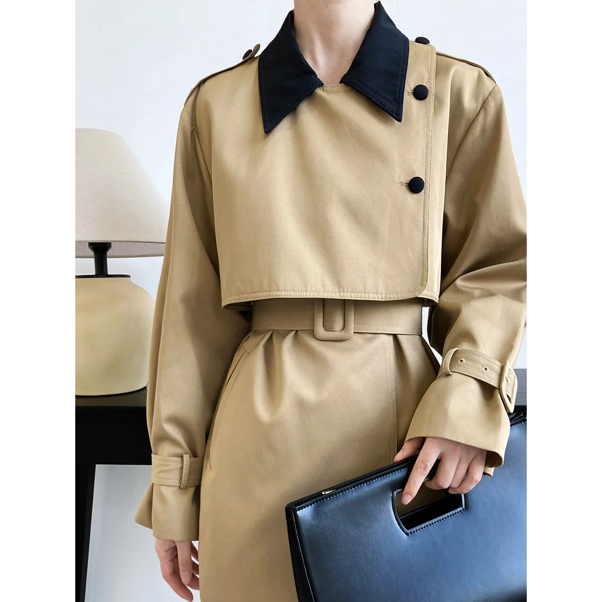 British style color contrast lapel breasted short windbreaker women