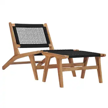 Sun Lounger with Footrest, Solid Teak Wood and Rope Outdoor Recliner Chair, Patio Furniture 89.5 x 60 x 65 cm