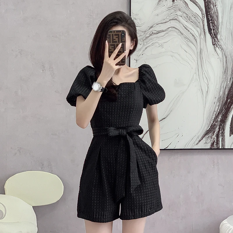 

Romper Black Bodysuit Shorts Plaid Woman Clothes Waist Bandage Playsuit Female Square Collar Jumpsuit Overalls For Women