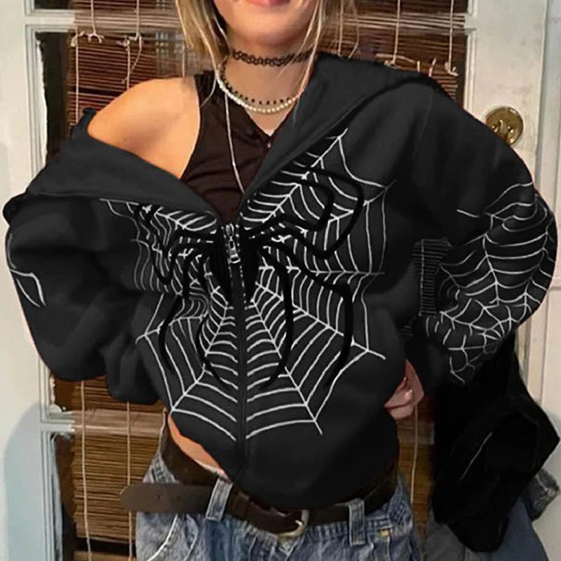 

Hoodie Dark Spider web printed Goth Black hoodie sweatshirt zipper Streetwear Oversized Jacket Men and Women Hoodie interesting