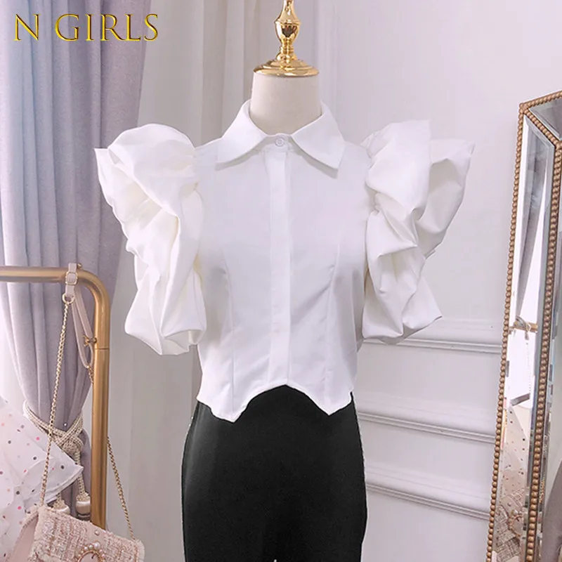 

N GIRLS Fashion Vintage Ruffles Women Blouse Lapel Collar Short Sleeve Loose Shirt Female Fashion Clothes Spring New Shirts