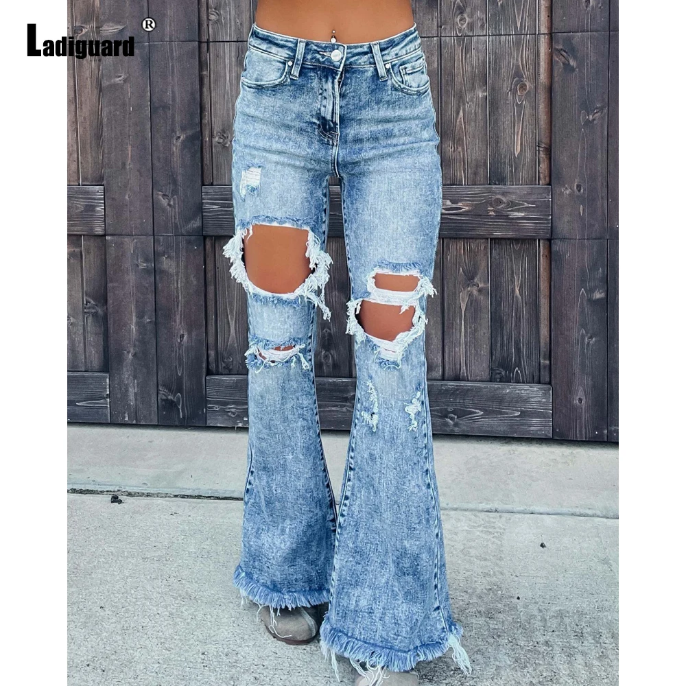 Ladiguard 2023 Sexy Flare Jeans Pants Women's Hole Ripped Denim Trouser Boyfriend Boot Cut Pantalon Female Skinny Jean Pant
