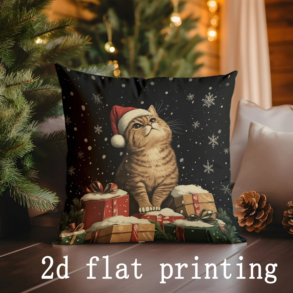 Рождественские наволочки с котом и свечами, полиэстер велюр