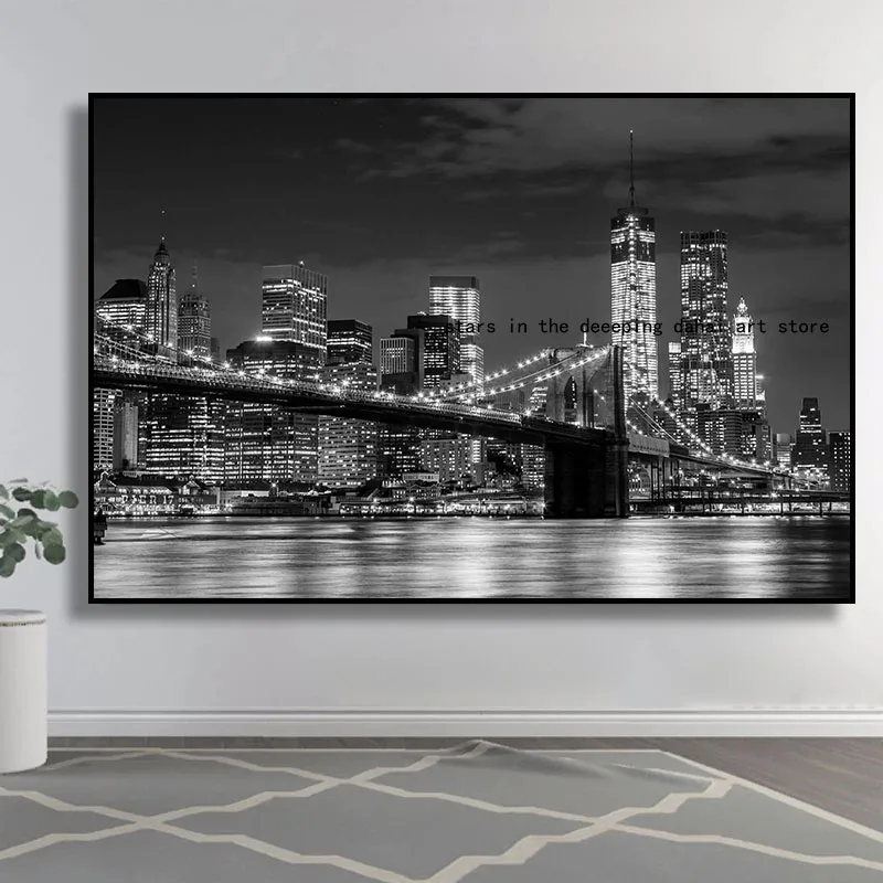 Нью-Йорк Бруклинский мост ночной вид город река ландшафт картина настенные