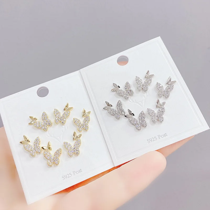 

Wholesale Charm S925 Silvers Needle Stud Earrings For Women 3 Pair Set Micro-Inlaid Noble Stone Butterfly Jewelry