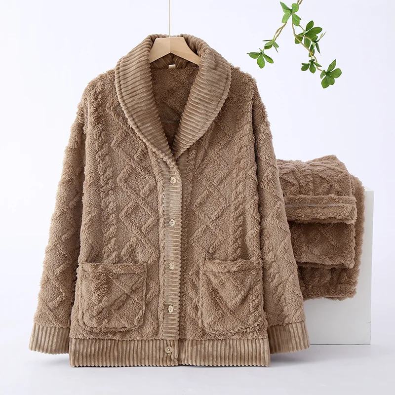 New winter couple pajamas set thickened flannel long-sleeved trousers two-piece set men and women loose home wear pajamas