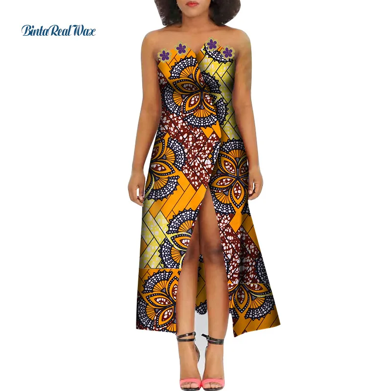 African Print Dresses for Women Bazin Riche Sleeveless Off Shoulder Party Dress Traditional African Style Women Clothing WY5213