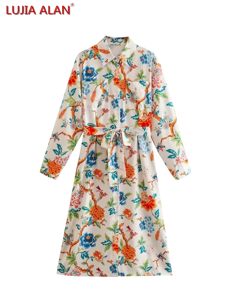 

Женское платье-рубашка с цветочным принтом и двумя карманами, с поясом, летнее женское свободное миди-платье с длинным рукавом, LUJIA ALAN WD100