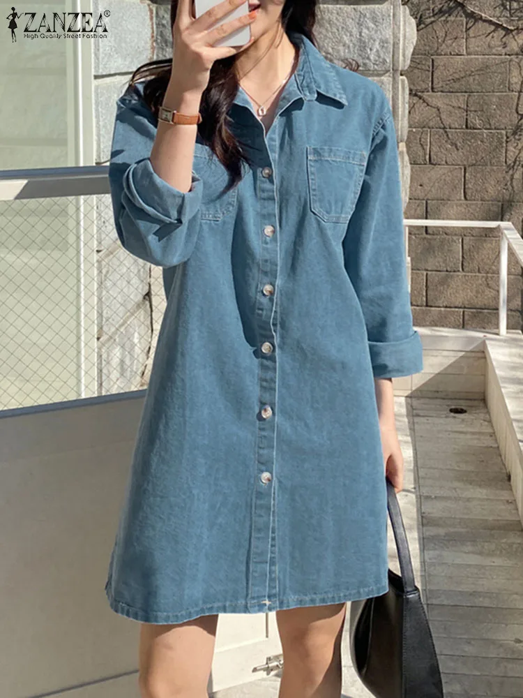 

Fashion Jeans Shirt Dress Women Autumn Denim Dresses Vinatge Patch Pocket Robe Causal Button Vestidos Lapel Long Sleeve Sundress