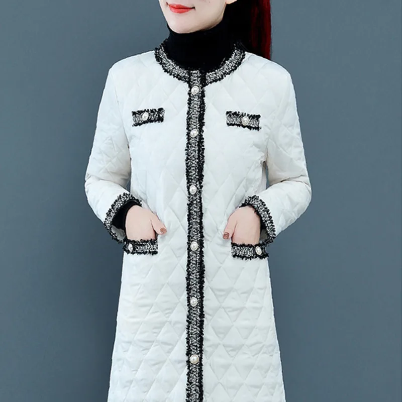 

#0441 Black White Red Womens Winter Coat O-neck Slim Fit Long Parkas Female Korean Fashion Outerwear Female Jacket Outerwear