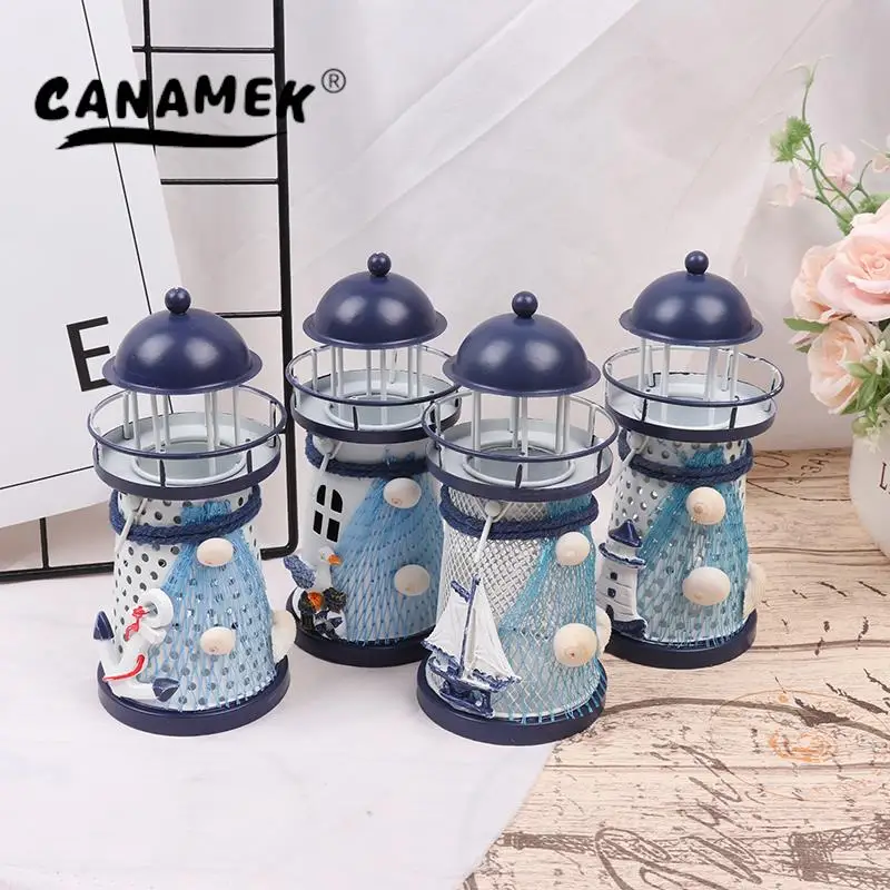 

Mediterranean Tower Candle Holder Lighthouse Iron Candlestick Table Home Holiday Metal Candle Holder Wedding Party Desktop Decor