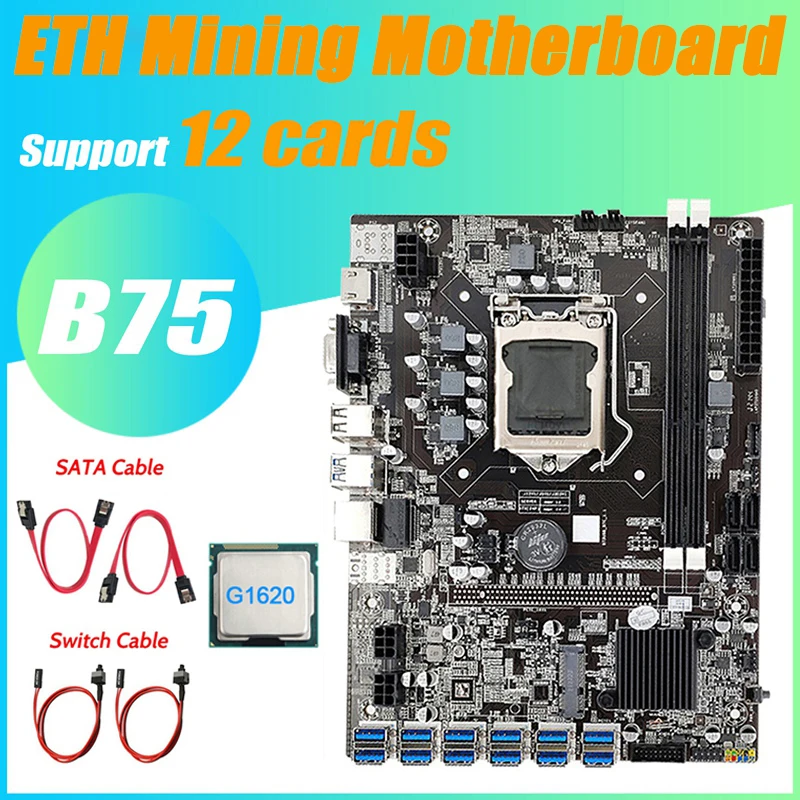 

BTC B75 Mining Motherboard Set CPU LGA 1155 DDR3 SATA Cable Switch Cable 8 PCIE To USB3.0 GPU Graphics Card ETH Miner Rig 2022