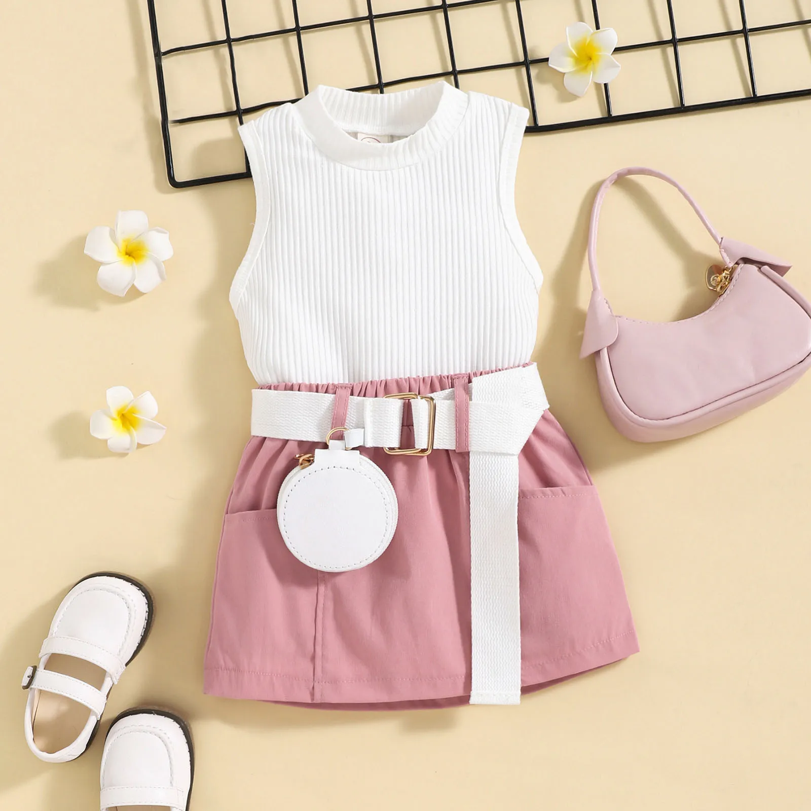 

Summer Toddler Girls Sleeveless Ribbed Vest Tops And Skirts Belt Waist Bag Outfits Toddler Girl Winter Clothes
