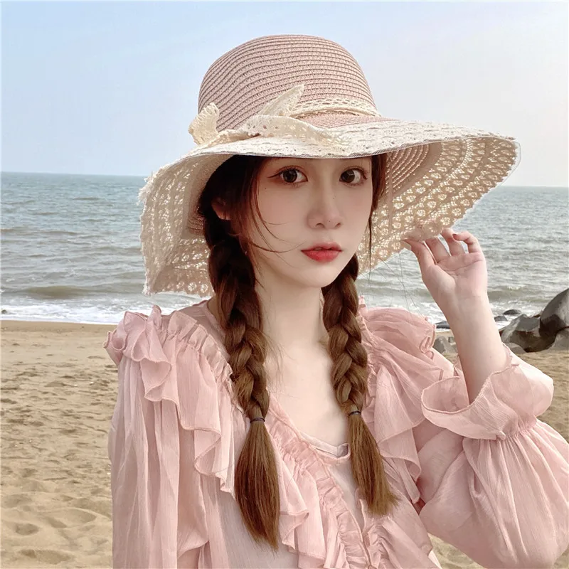

Spring and Summer Panama Women's Lace Ribbon Sunshade Beach Sun Straw Hat Fashion Sunscreen Big brim Bowknot Summer Cap H57