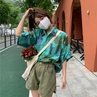 deeptown harajuku hawaii women blouses kawaii oversized vintage streetwear green top short sleeve shirts korean fashion casual