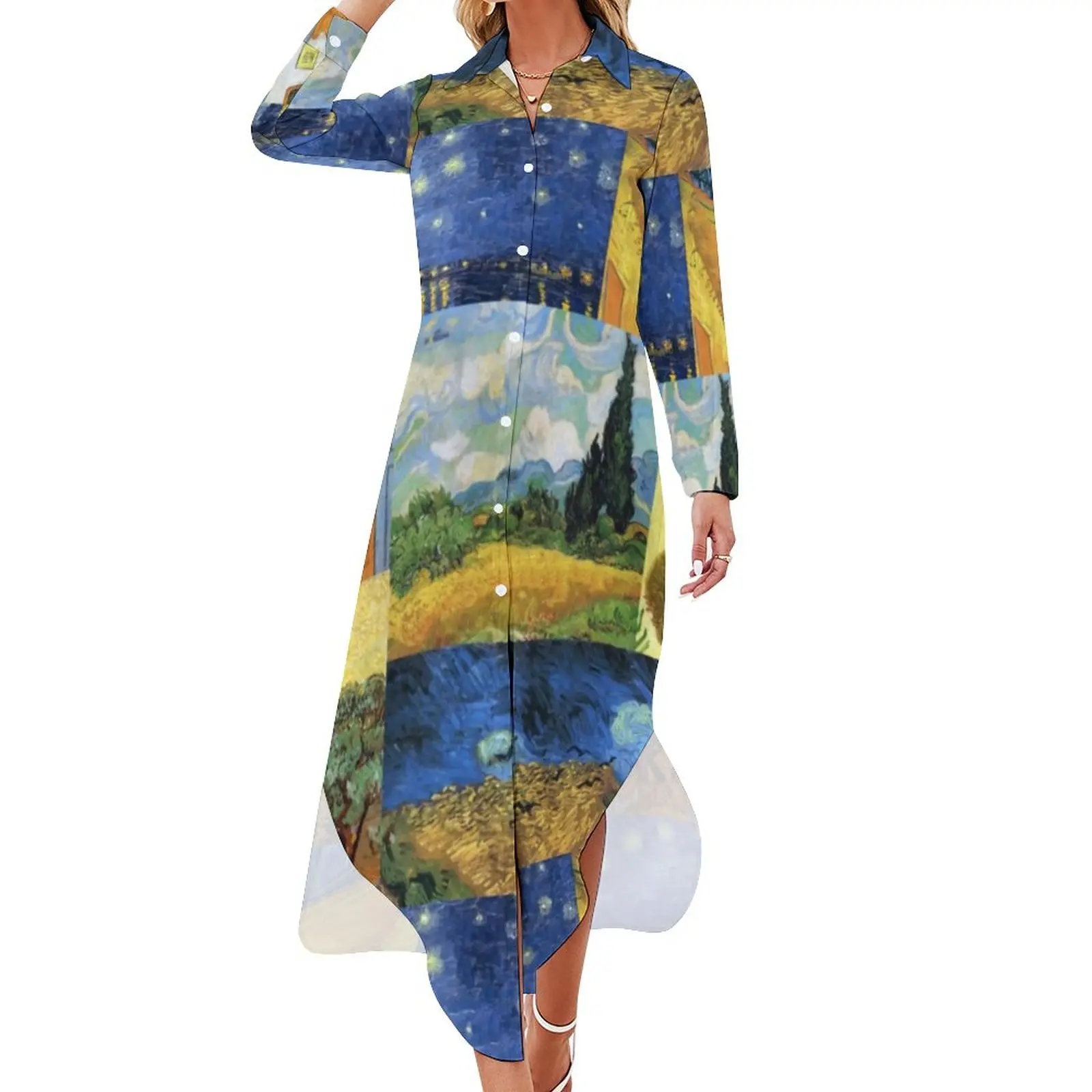 

Van Gogh Dream Chiffon Dress Sexy V Neck Paintings Art Trendy Dresses Women Aesthetic Casual Dress Gift