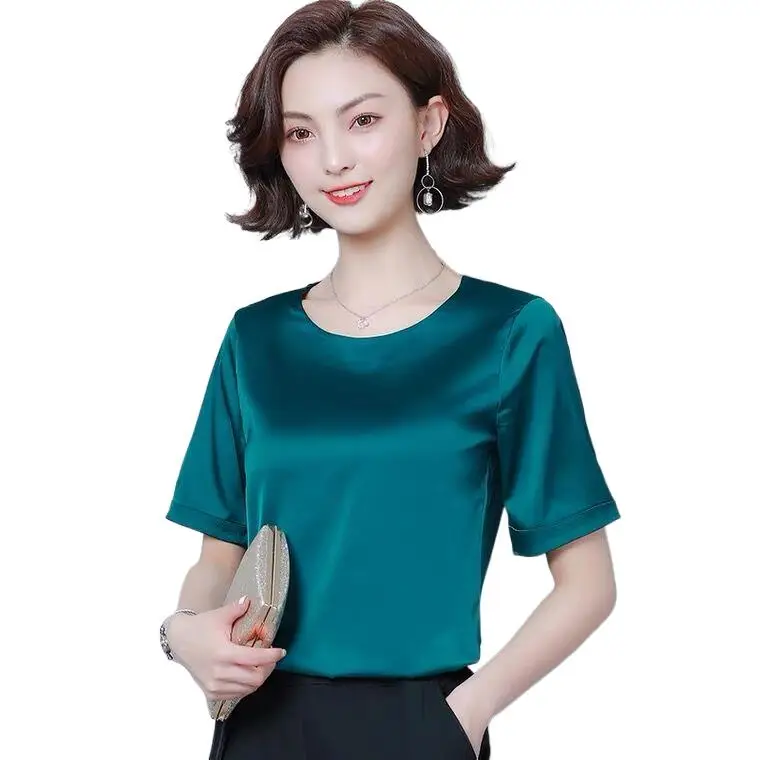 

Новые женские повседневные винтажные ацетатные Атласные Рубашки с рукавом до локтя, авокадо, зеленые, белые, базовые, в стиле OL, искусственные шелковые блузки, топы