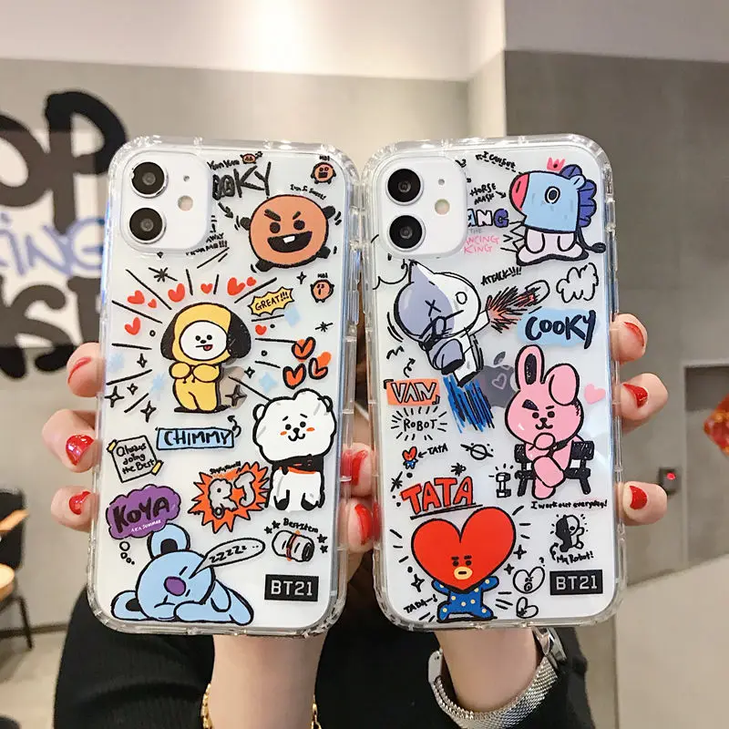 Bt21 Kawaii Phone Case for Iphone 13 12 11 Pro Max X Xr Xs Cartoon Shockproof Transparent Cover Protection Shell Girl Gift