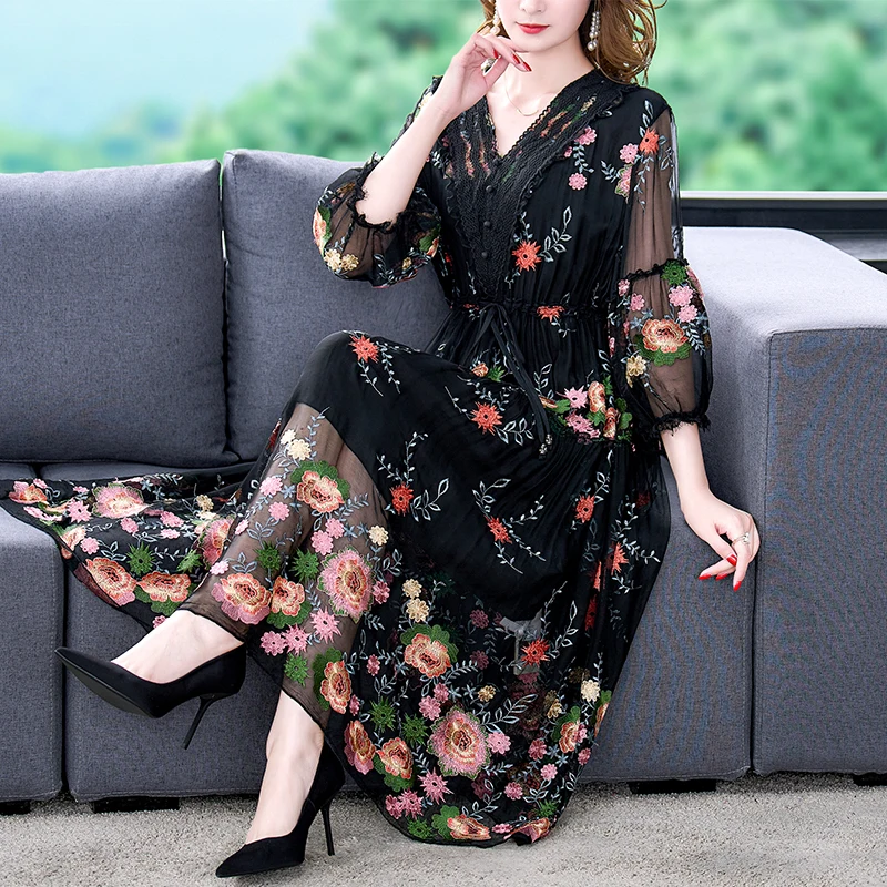 

Early Spring Fashion Women Loose Waist Vintage Print Dresses A-line Floral Lace V-neck Robe Femme Vestidos Elegante Summer Dress