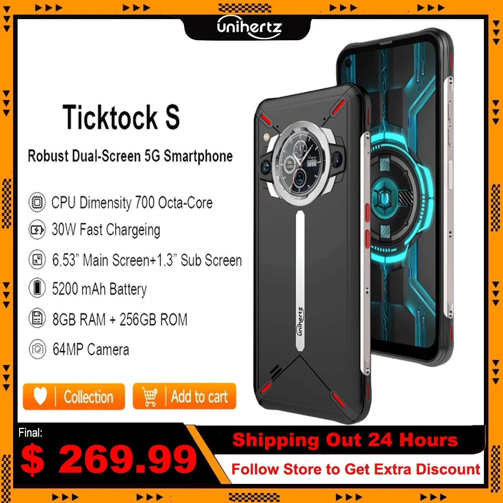 World Premiere Unihertz Ticktock S Rugged 5G Smartphone 8GB 256GB Cell Phone 5200mAh Mobile Phone 64MP Camera 30W Dimensity 700
