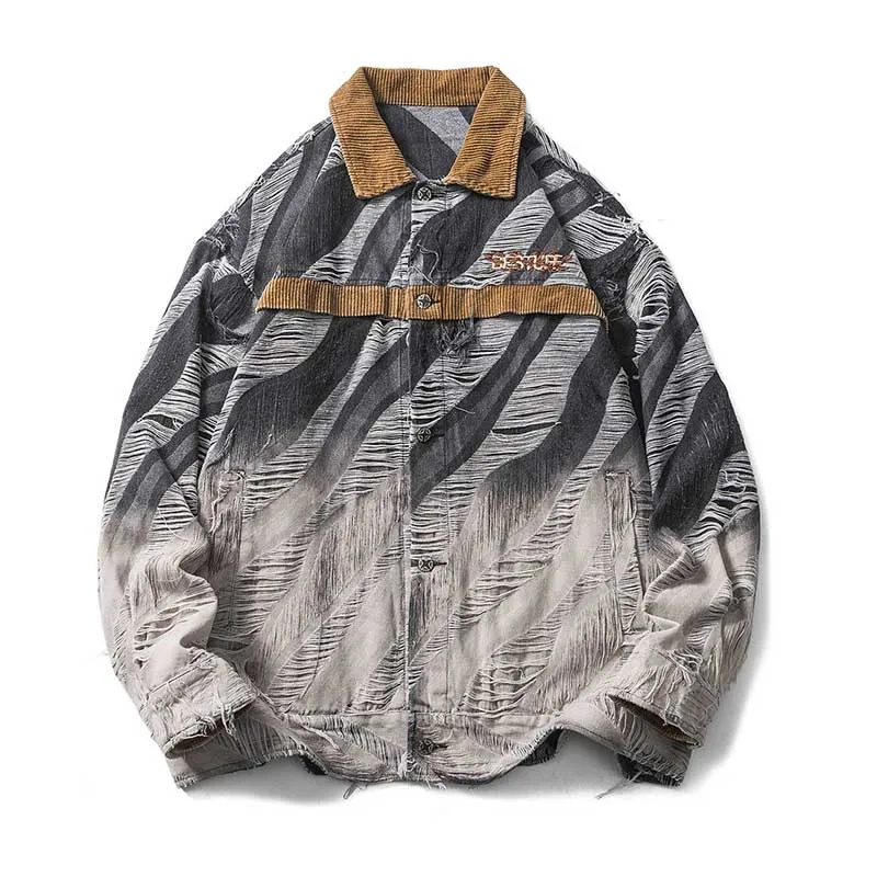 

Oversized Harakuju Ripped Corduroy Jackets Vintage Gradient Streetwear Outwear Coats For Male