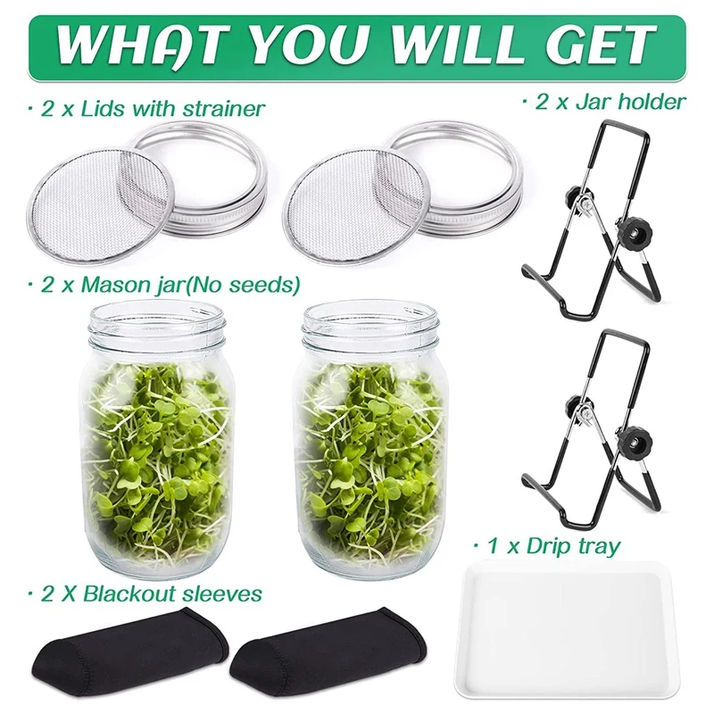 Seed Sprouting Jar Kit With 2 Wide Mouth Mason Jars Bean Sprouts Growing Mesh Screen Lids