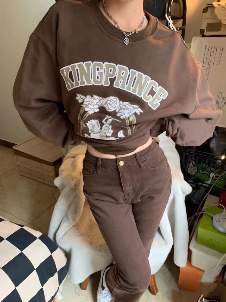 

QWEEK Y2K Vintage Brown Sweatshirts Women Oversize Letter Harajuku Casual Hoodie Korean Fashion Spring Streetwear Pullover Top