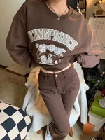 qweek y2k vintage brown sweatshirts women oversize letter harajuku casual hoodie korean fashion spring streetwear pullover top