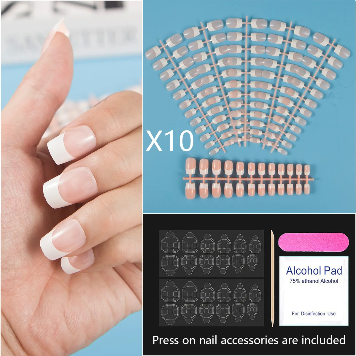 

10 Sets French Nail with Nail Adhesive Stickers Square Shape Full Cover False Nail Tips Press on Fake Nail Set Acrylic Nail Tip