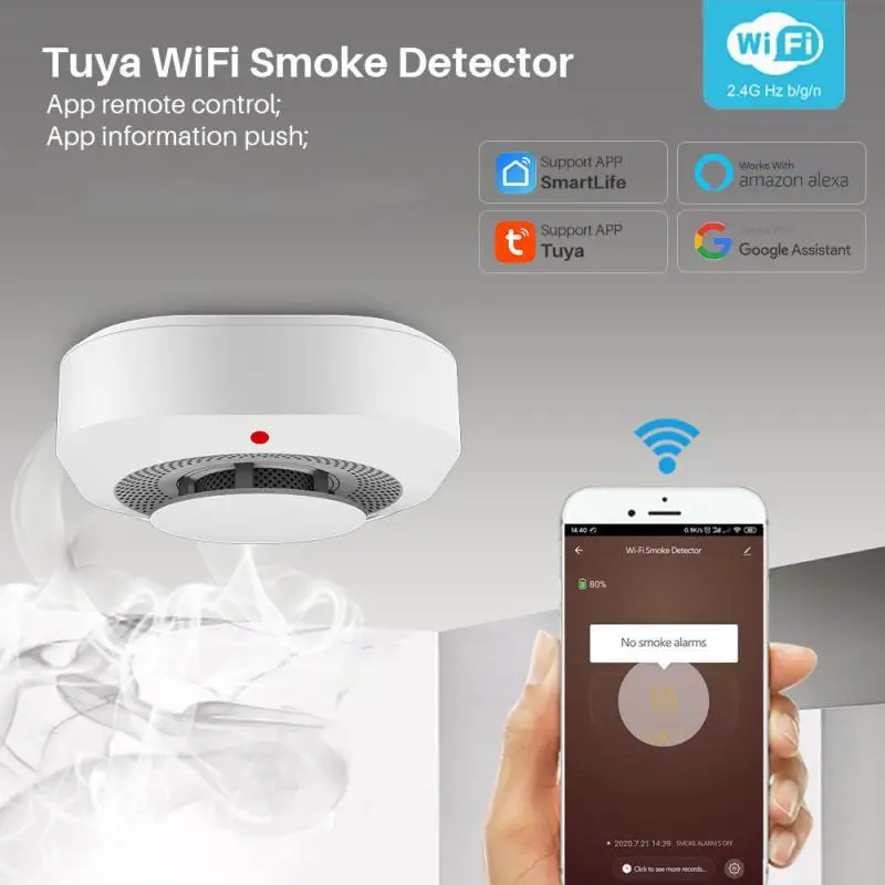 

Aubess Tuya Wifi Smoke Detector Sensor 90DB Alarm Fire Smart Smoke Detector Smart Life APP Control Works With Alexa/Google Home