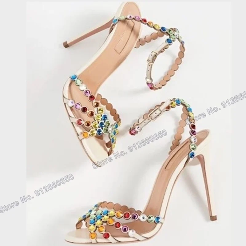 

Moraima Snc Crystal Sandals Beige Green Silver Peep Toe Buckle Strap Thin High Heels Sandals Woman Summer Stilettos Shoes On He