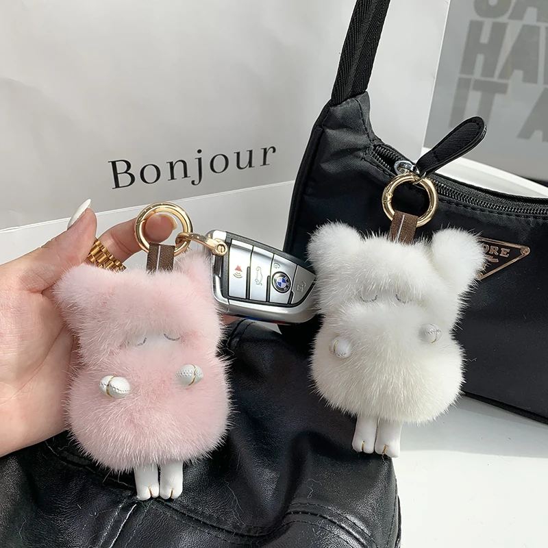 

Lamb Real Mink Fur Handmade Cute Keychains Key Chains Bag Accessory Car Handbag Keychain for Women Girls Keyrings Gifts