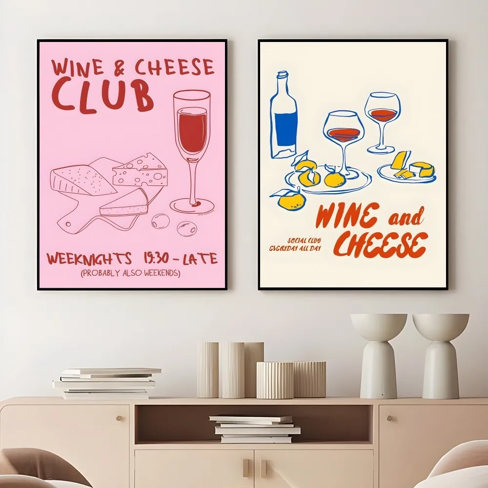 Wine And Cheese Club Art Print Simple Poster Sticky Wall Printing Waterproof Home Living Bed Room Bar Aesthetic Decor