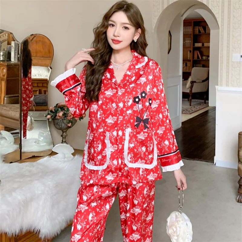 2023 Spring and Autumn New Artificial Silk Women's Pajamas Suit Women's Long-Sleeved Trousers Festive Flower Cardigan Homewear