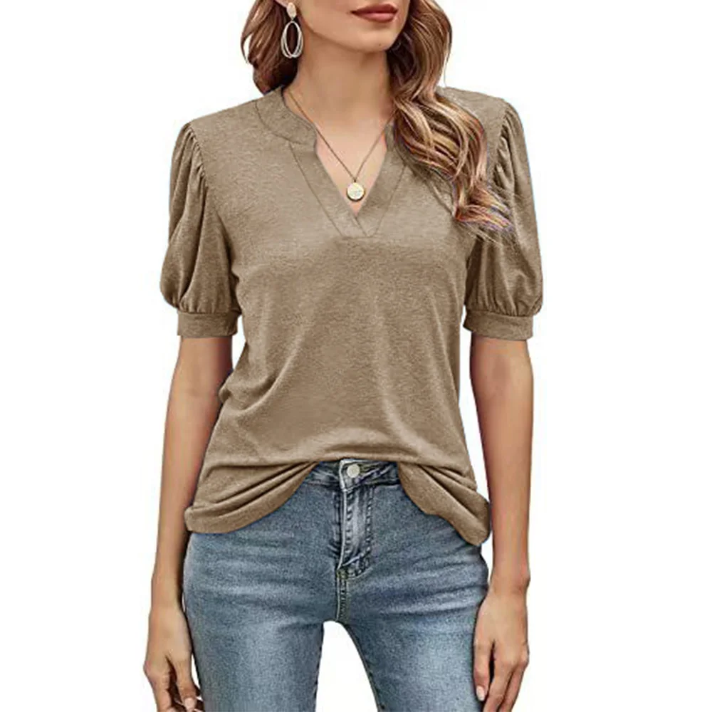 

Womens V Neck T Shirts Casual Puff Short Sleeve Loose Summer Tops Tunic Blouse Solid 2022 New