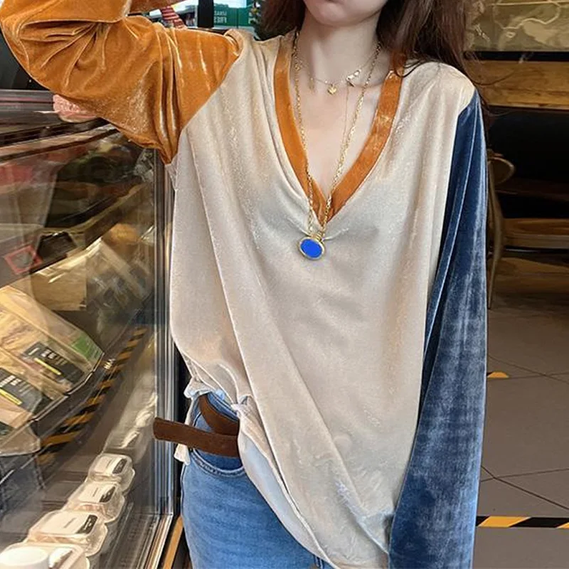 

Solid Color Patchwork Spring Autumn Thin Fashion Loose Irregular V-neck T-Shirts Long Sleeve Pullovers Women's Clothing 2023