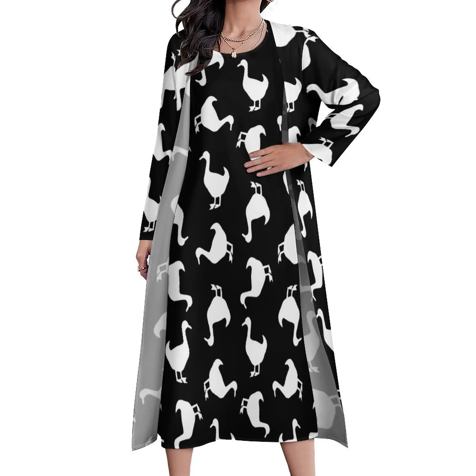 

Animal Silhouette Dress Summer Black And White Duck Street Style Casual Long Dresses Women Graphic Beach Maxi Dress 3XL 4XL 5XL