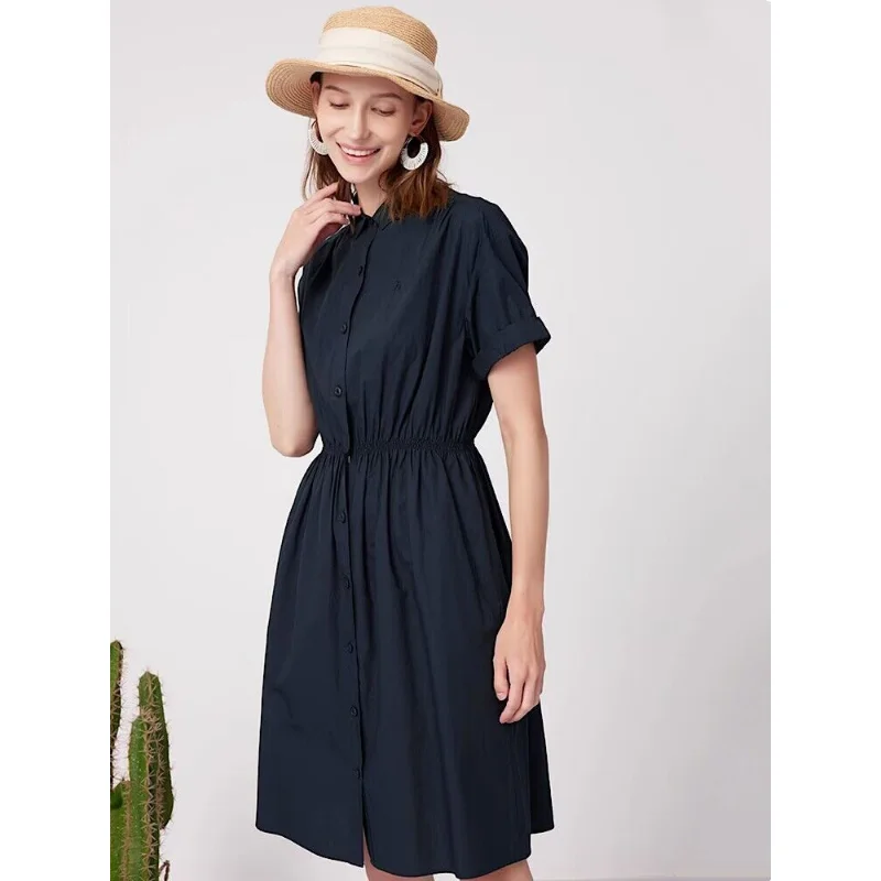 Hazzys Summer Stretch Waist Dresses Women's Mid-length Slim Summer Short-sleeved Shirt Collar Skirt Casual Luxury Brand Clothing