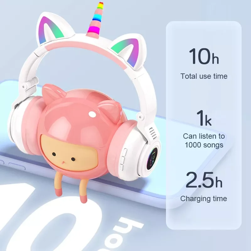 

2023 HiFi Girls Wireless Unicorn headphones with Mic phone Stereo Bass Cute Children Music Kid Cat Bluetooth Headsets Support SD