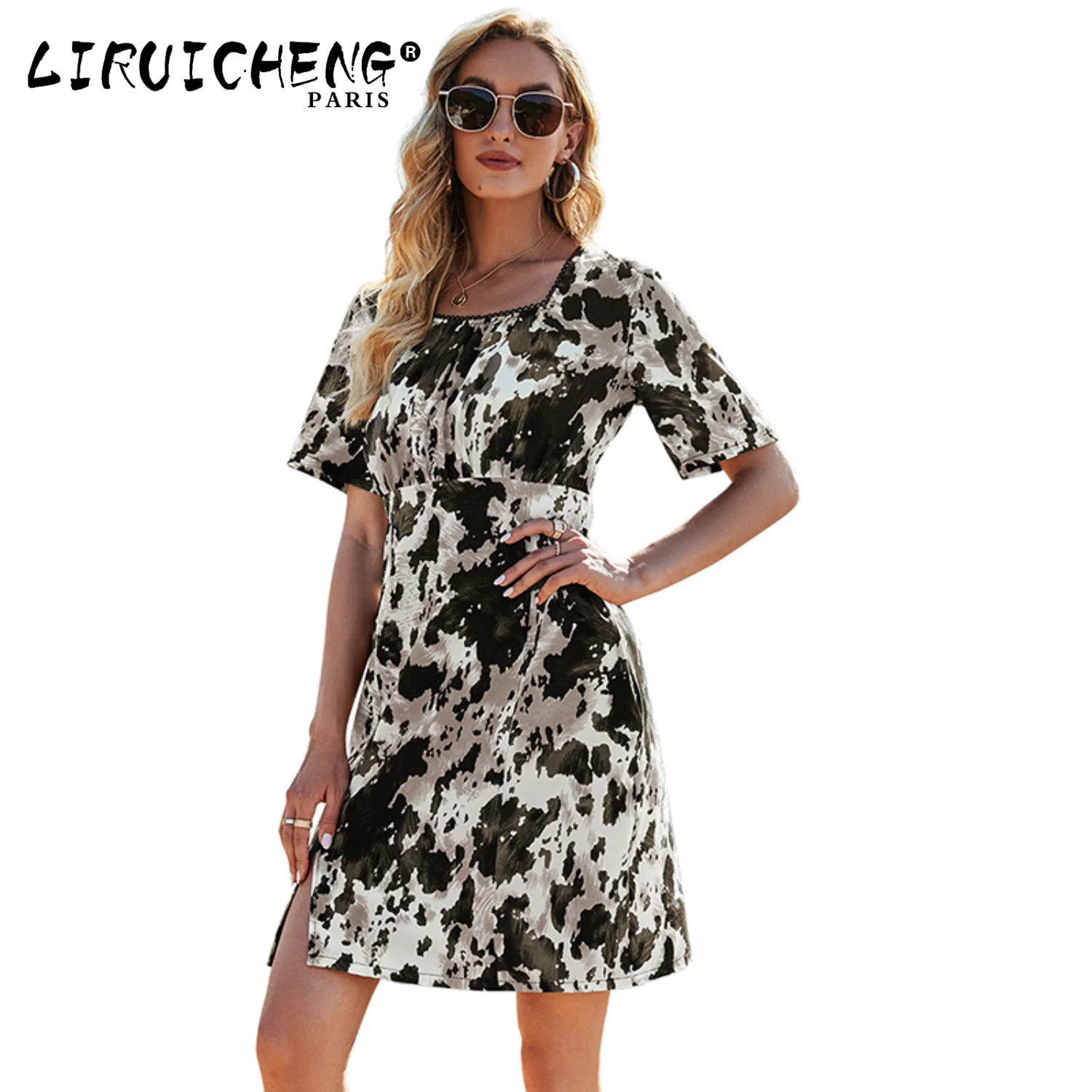 

2023 Women's Summer Short Sexy Square Neck Elegant Slim Fit Short Sleeve Tie Dye Knee Length Dress