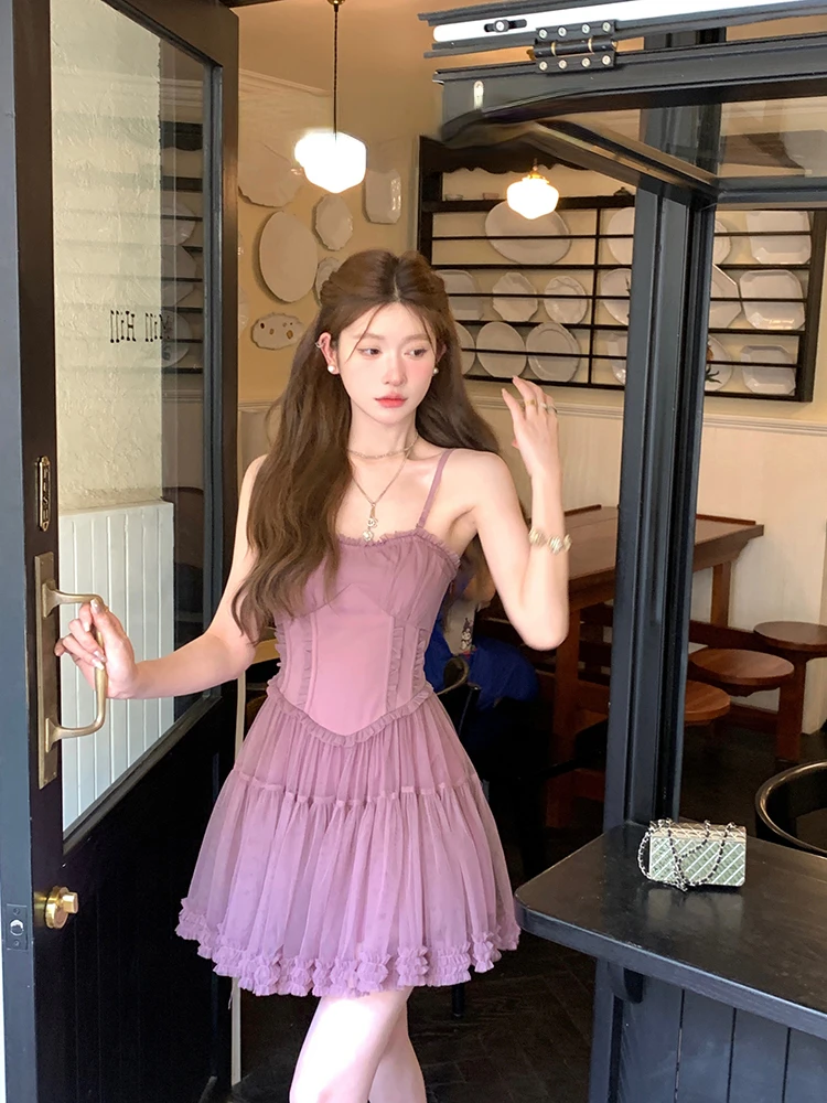

Purple Women's Ballet Style Strap Mesh Dress Summer New Chic Temperament Female Low Cut Off Shoulder A-line Fluffy Long Skirt