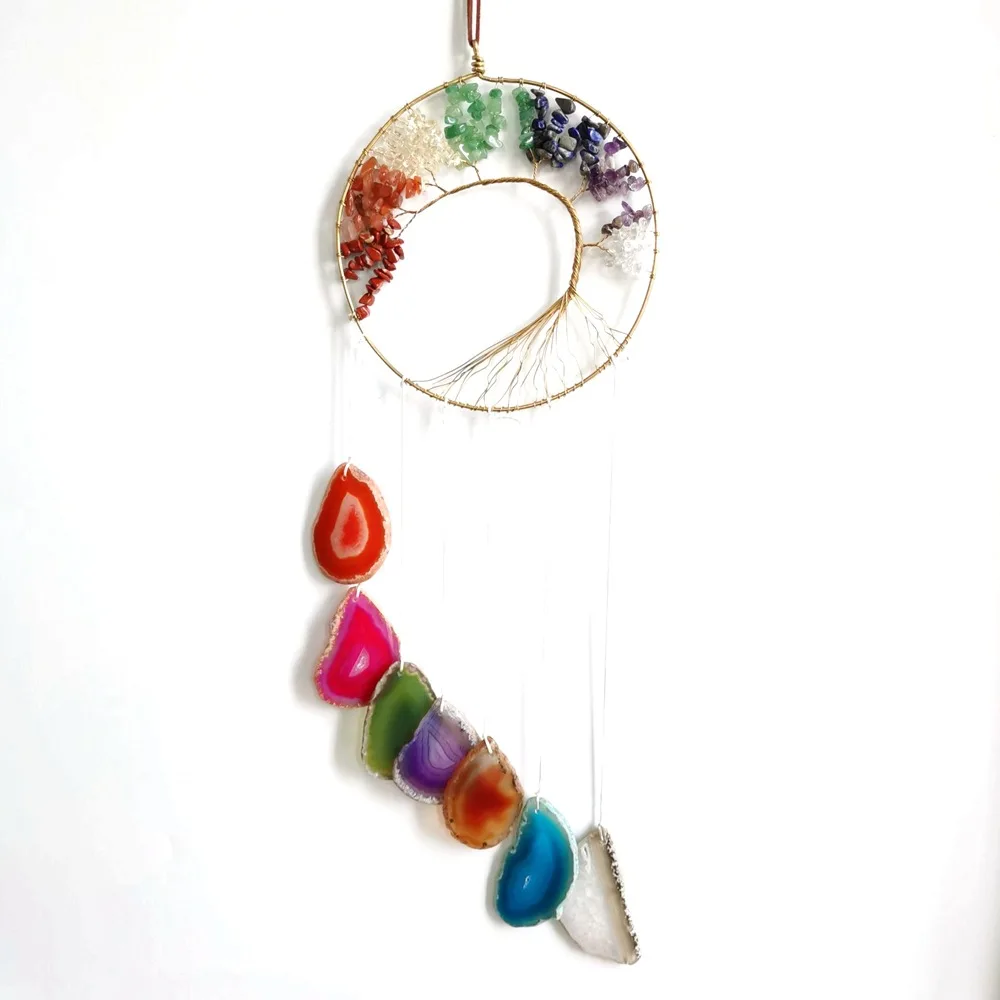 Natural Gravel Tree Of Life Braid Car Ornament With Tassel Agate Slice Colorful Mineral Crystal Curtain Hanging Home Decoration