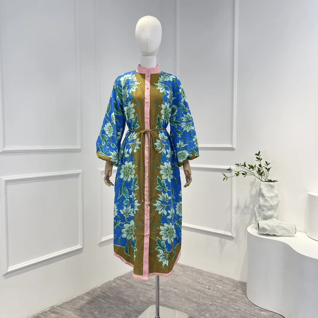 

New Arrival 2023 Summer High Quality Green Floral Print Single Breasted Multicolor Patchwork Long Dresses