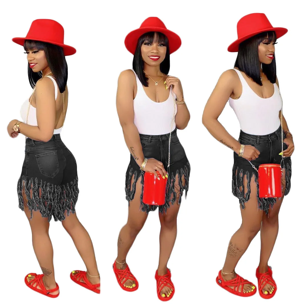 

ZITY Summer Ladies short Jeans Fashion Casual Washed Distressed Ripped Hole Tassel Retro Denim Shorts High Waist Shorts Women