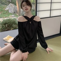 f girls silk slip off shoulder shirt women versatile hanging neck top spring summer 2022 new korean chic casual elegant blouses