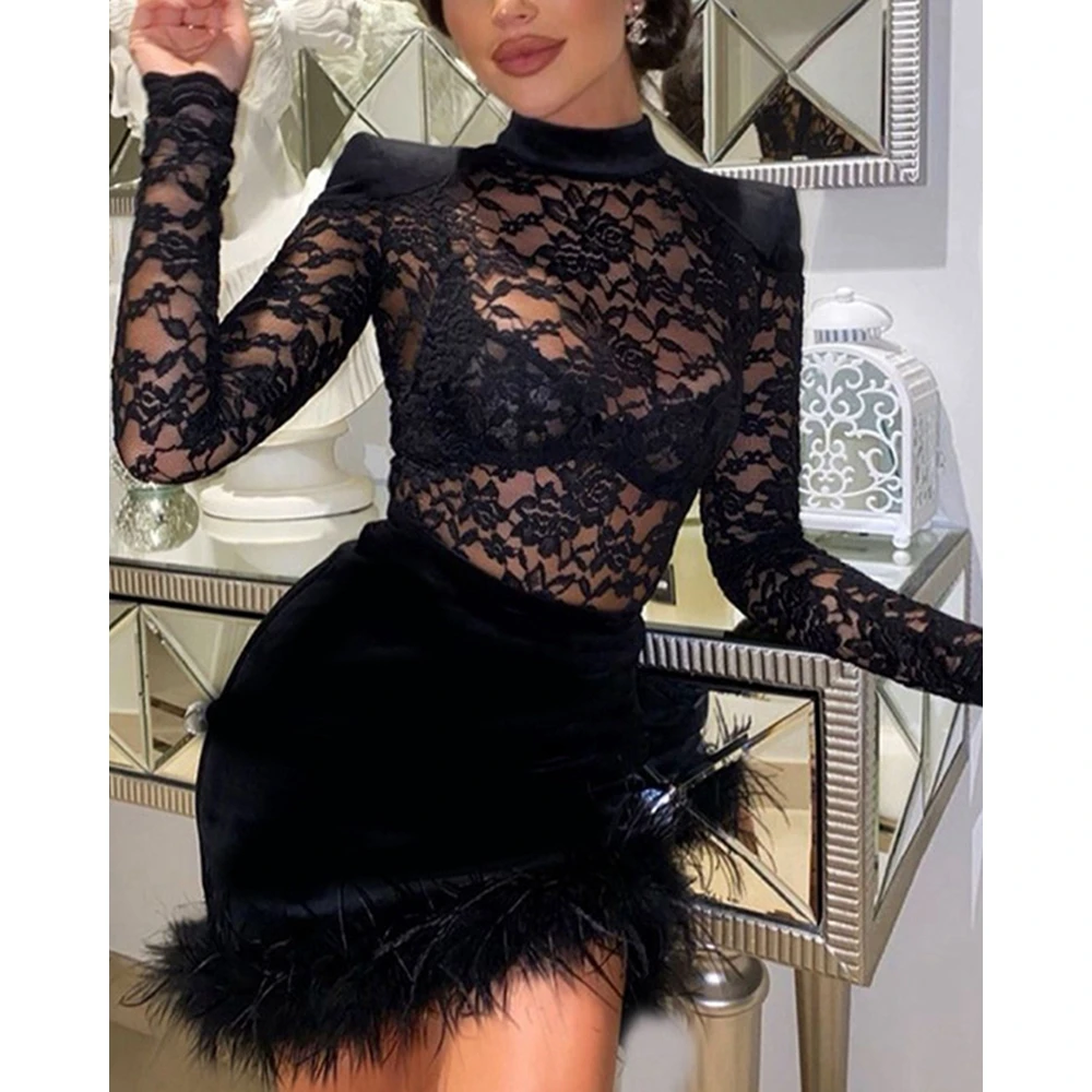 Купи Women Hem Contrast Fur Black Dress See Through Lace Stitching Party Sexy Female Dress Long Sleeve Bodycon Mini Evening Dress y2k за 953 рублей в магазине AliExpress