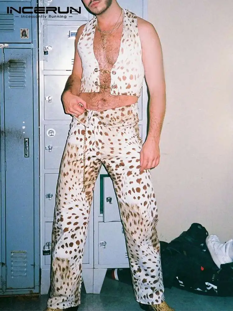 

INCERUN Fashion Men Sets Leopard Printing V Neck Button Vests & Pants 2PCS Personality Streetwear 2022 Men Casual Suits S-5XL 7