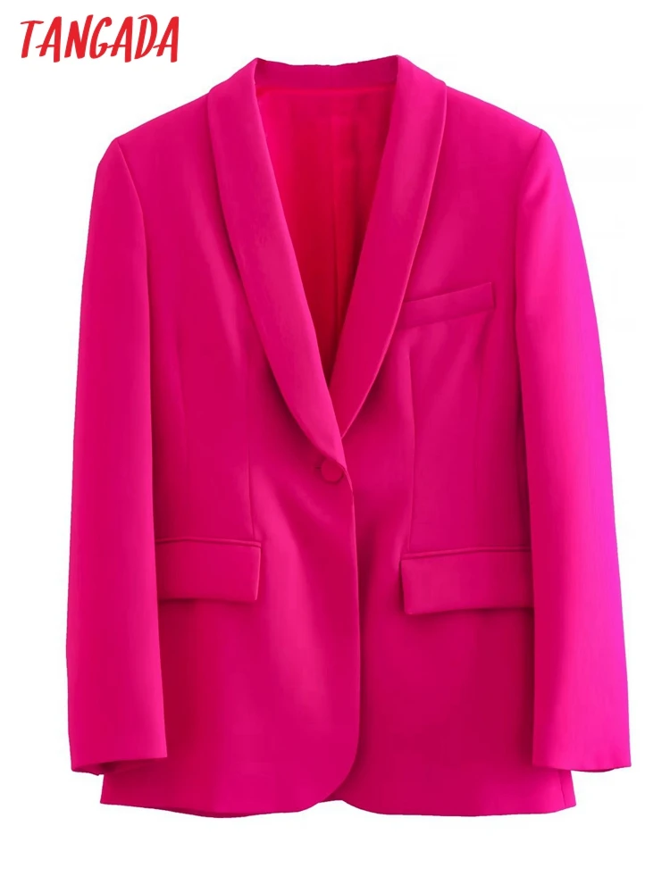 

Tangada Women 2022 Hotpink Party Blazer Coat Vintage One Button Long Sleeve Female Outerwear Chic Tops QD58